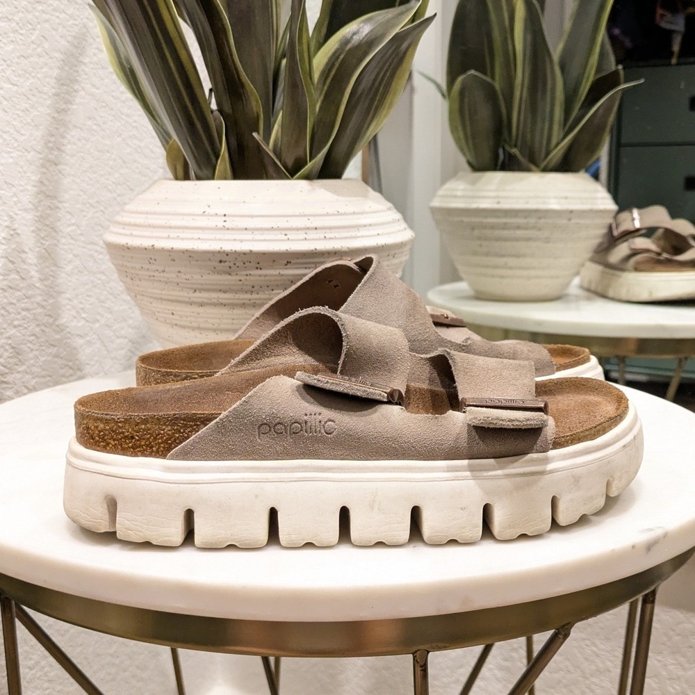 Papillio Birkenstock Arizona Grooved Sandals Women 37 Taupe Suede Platform - Picture 3 of 11